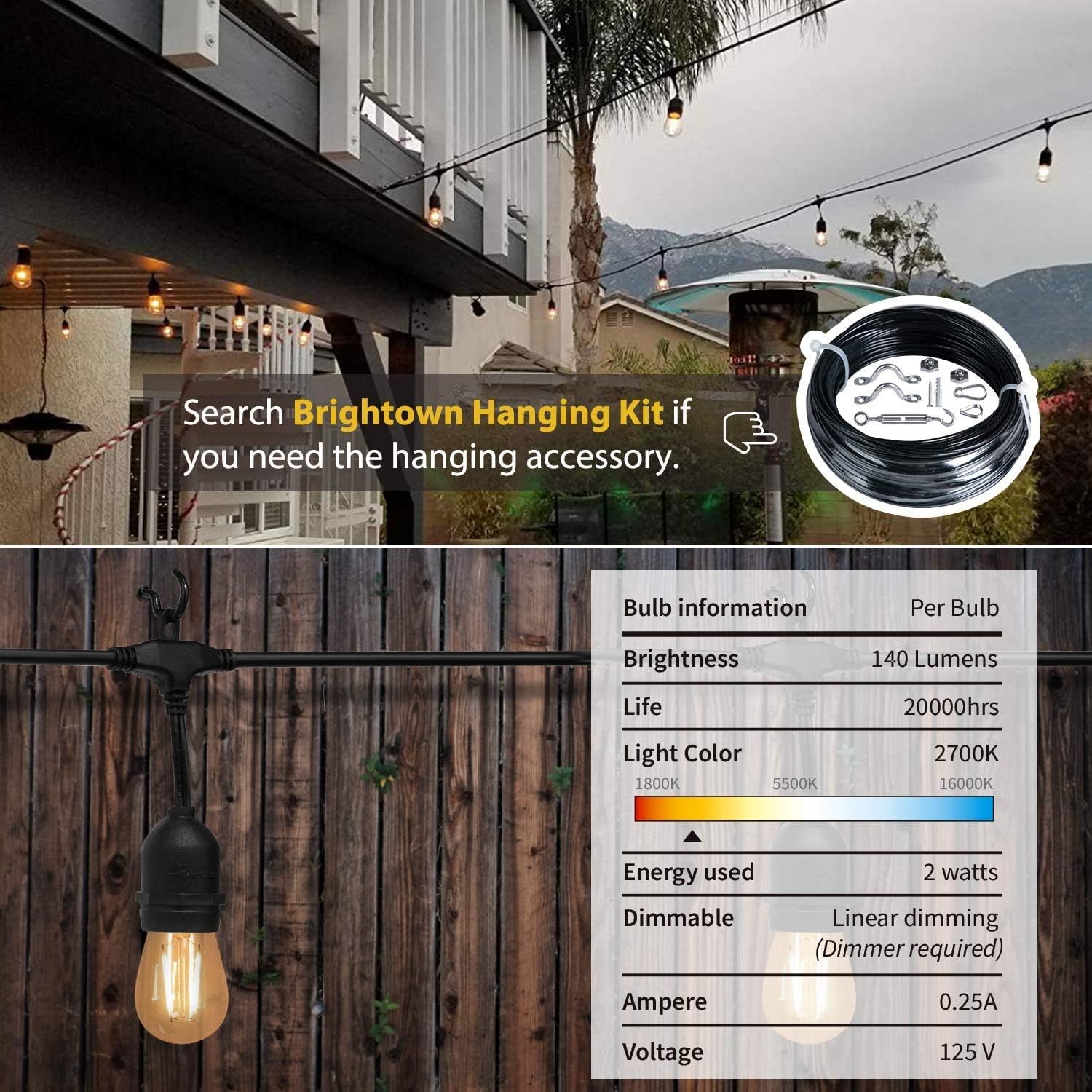 Minetom 48Ft LED Outdoor String Lights with 15 Shatterproof Energy Saving Bulbs, UL Listed Commercial Grade Connectable Weatherproof Strand for Patio Deck Backyard Garden Wedding, Black Cord, 2700K - - 