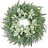 Zmtyykh 26 Inch Eucalyptus Wreath Large Spring Wreath for Front Door with Lamb’s Ear White Berries Outdoor Wreath Farmhouse Home Decor Front Porch Wall Indoors Greenery Wreath for All Seasons Summer