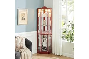 CKEASEAN Curio Cabinet 72" Lighted Glass Corner Cabinet, Corner Display Cabinet with 6 Adjustable Glass Shelves Vintage, Curio Display China Cabinet Light Bulb Included (Cherry)