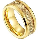 Reseldda 8mm 14K Gold Plated Tungsten Wedding Bands for Men Gold Foil/White Meteorite Engagement Promise Rings for Couple Him Her Matte Brushed Domed