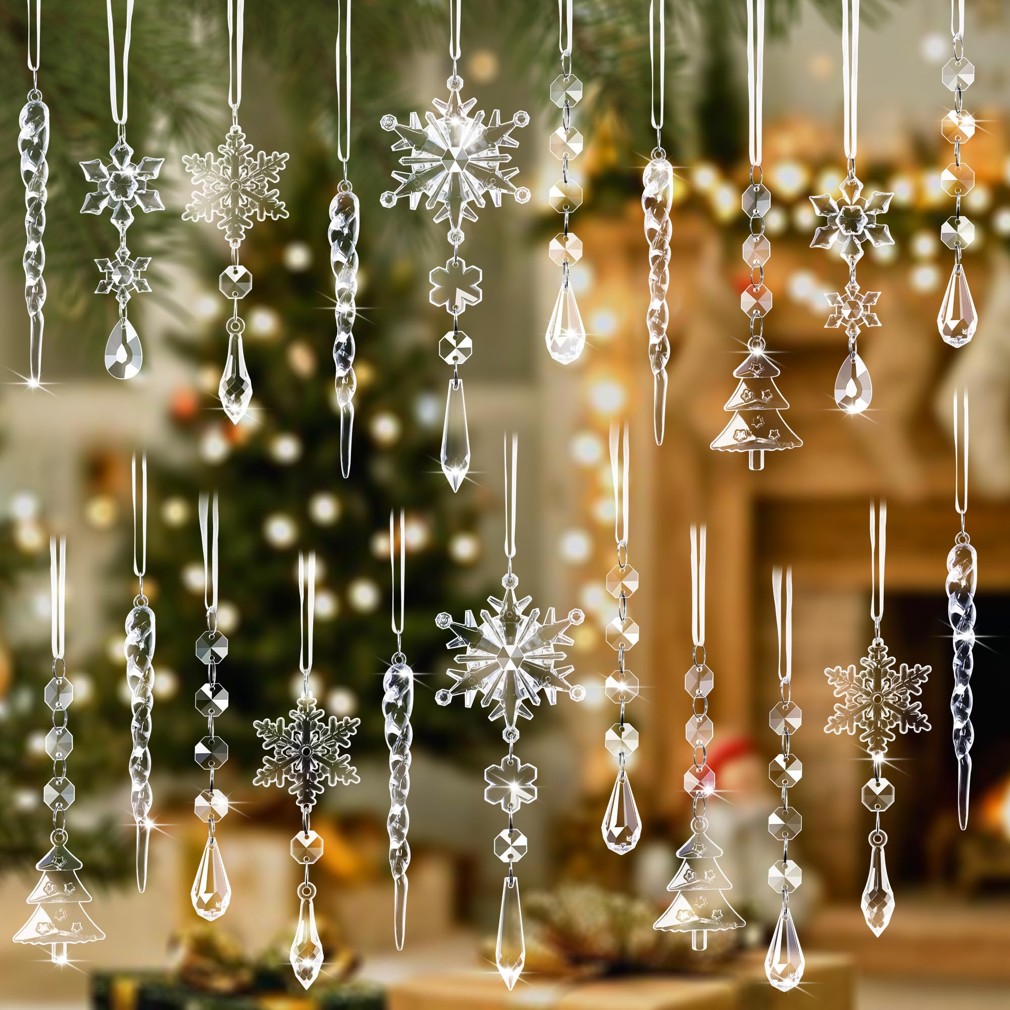 Photo 1 of 21 PCS Clear Crystal Christmas Ornaments for Christmas Tree Decorations,Acrylic Snowflake Icicle Hanging Ornaments with Drop Pendants for Xsmas Winter Wonderland Holiday Season Home Christmas Decor