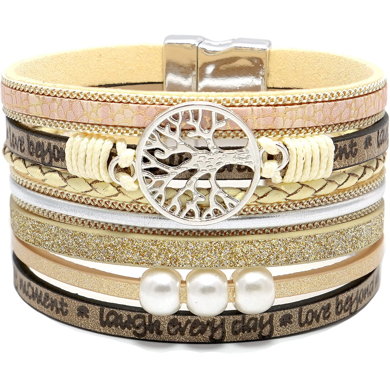 Chamqueen Magnetic Buckle Leather Braided Bracelet Boho Wrap Bangle for Women Khaki