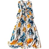 Floerns Women's Floral V Neck Dress Pleated Front Long Sleeve Belted Maxi Dresses