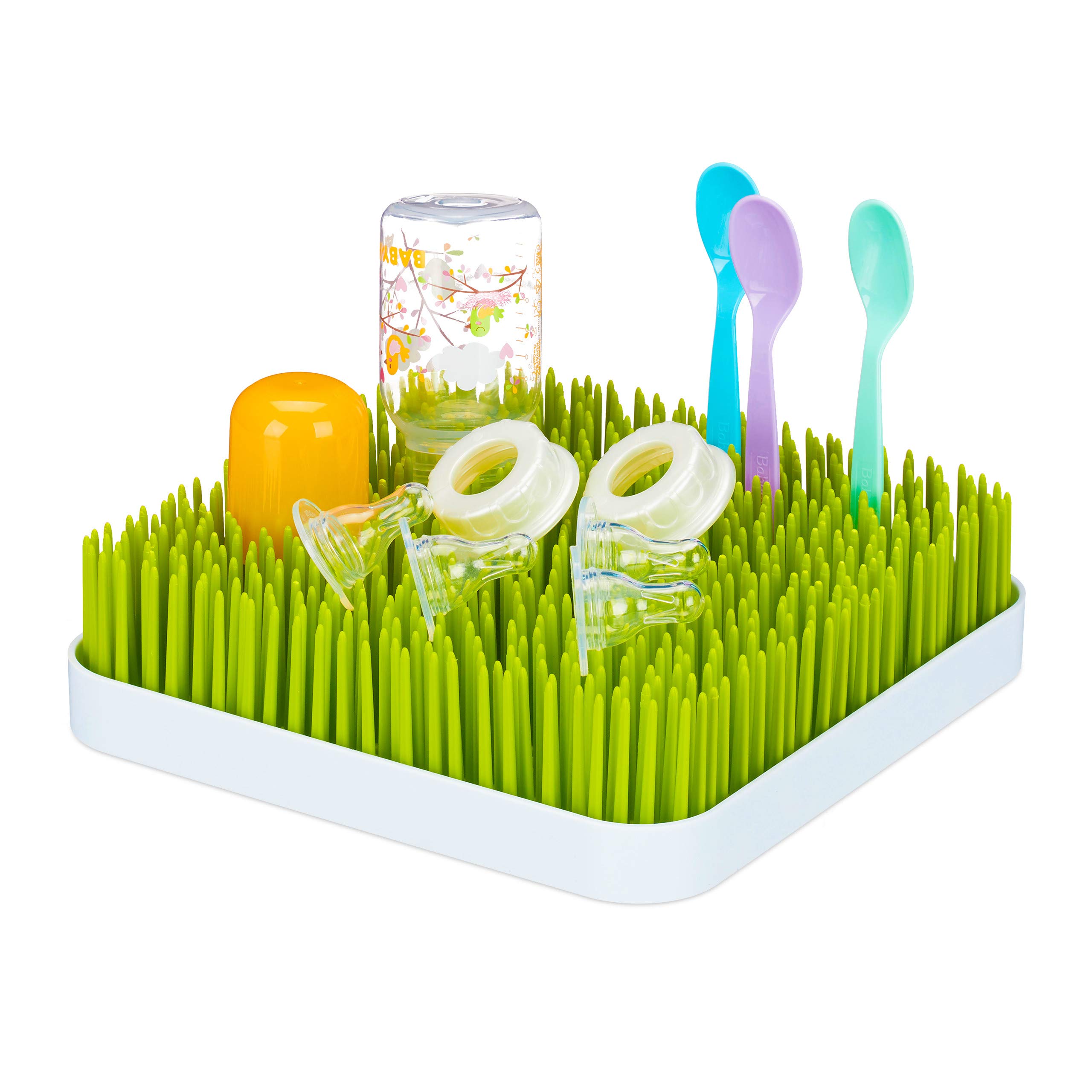 Relaxdays Baby Bottle Drying Rack, Drip Tray, Grass Design, Water Drainer, Plastic, 6.5 x 23.5 x 23.5 cm, Green & White