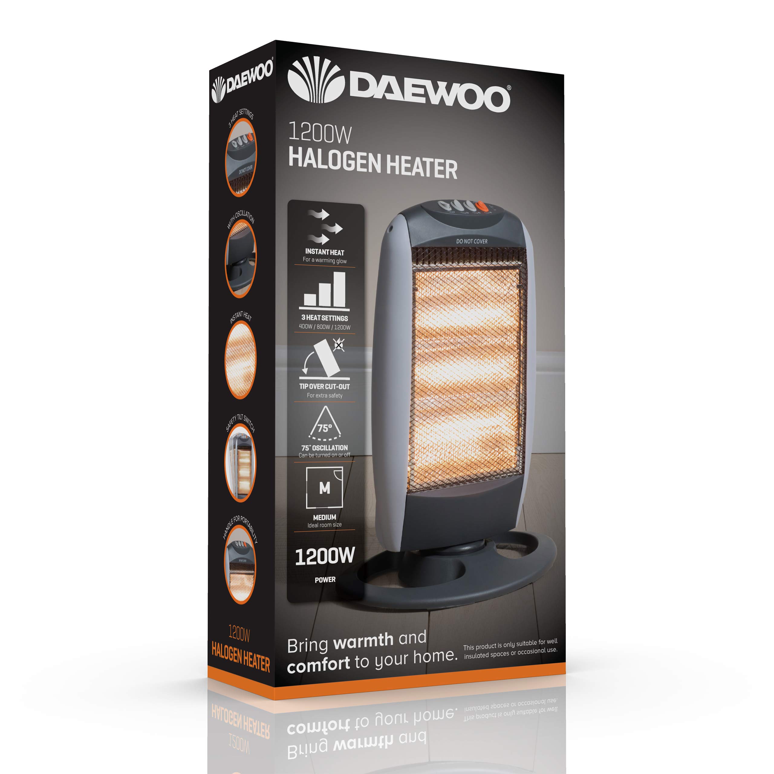 Daewoo Oscillating Halogen Heater With Tip Over CutOut, 3 Heat