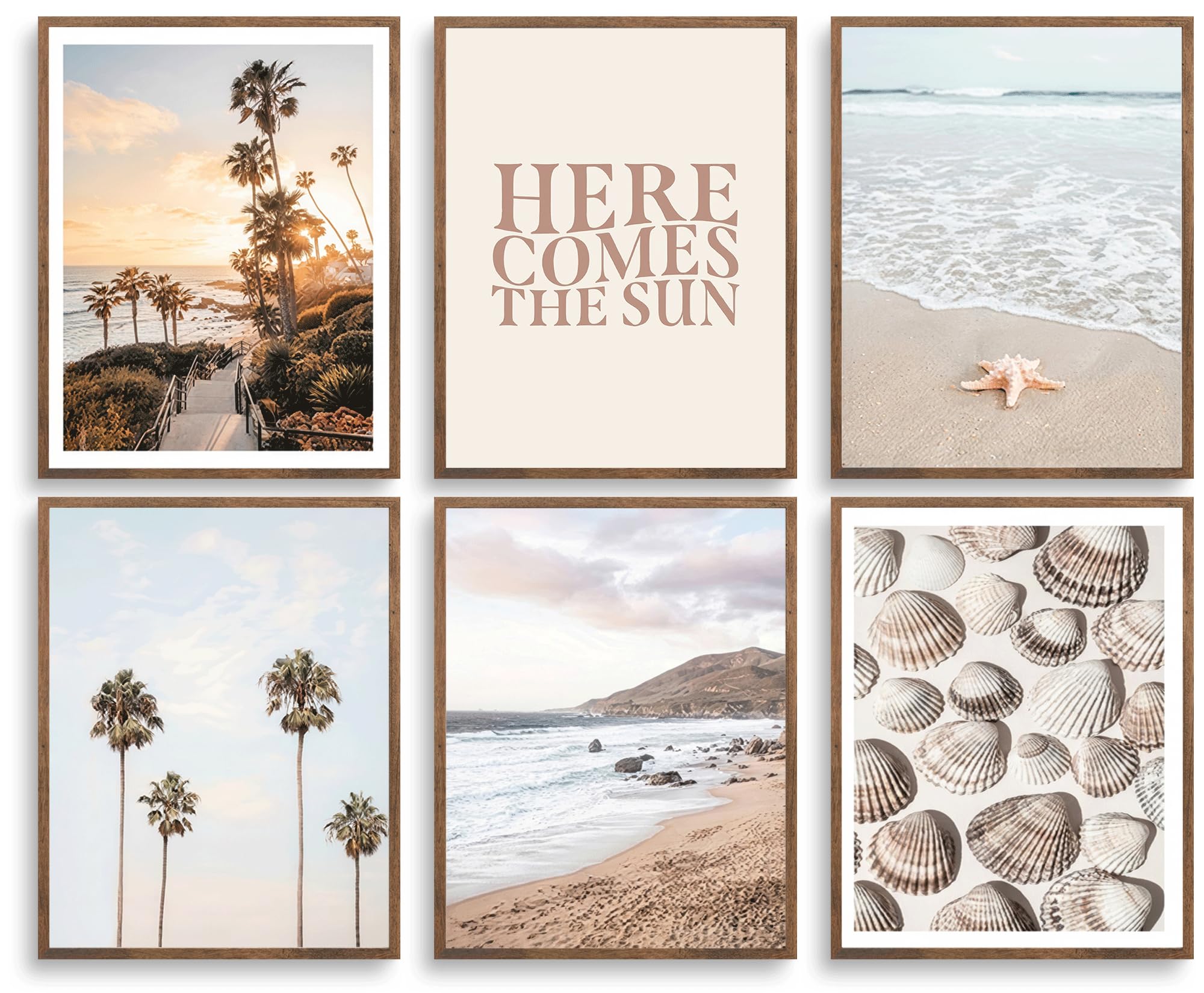 Photo 1 of 6Pcs Boho Coastal Wall Art Beach Palm Tree Seashell Posters Prints with “Here Comes the Sun” Neutral Ocean Themed Pictures Wall Decor for Bedroom Dorm Apartment Home Decoration 8''x10'' Unframed