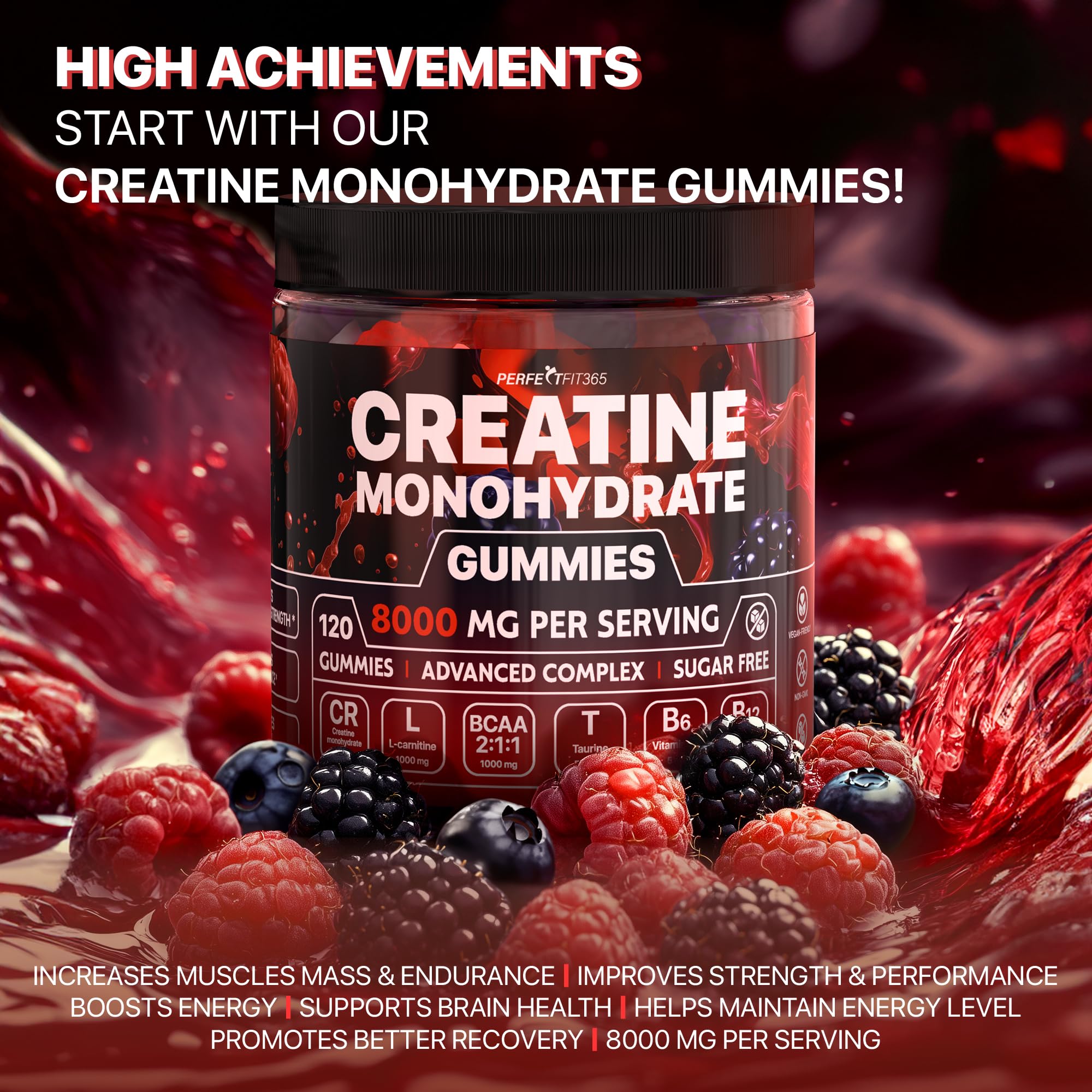 Creatine Monohydrate Gummies Complex 8000mg with L-Carnitine & Taurine, Flavored Creatine for Women and Men with Raspberry & Blackberry Taste, Pre Workout Gummies for Men and Women - 120pcs