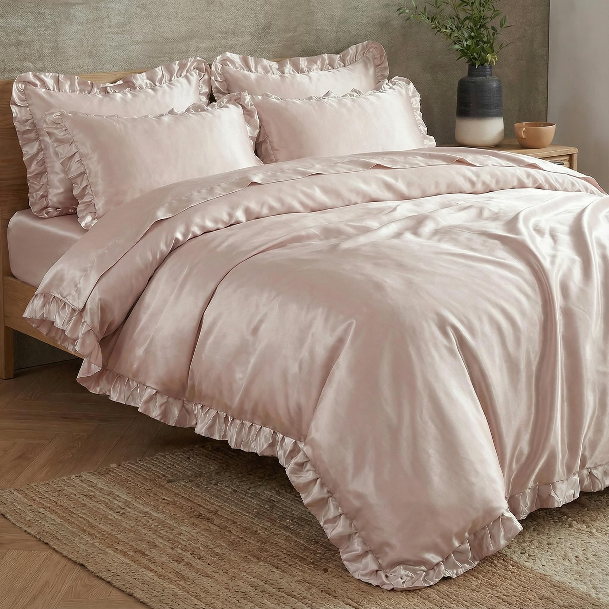 Herside Satin Ruffle Duvet Cover Set Double Champagne Pink Bedding Silk like Satin Ruffled Fringe Silky Farmhouse Bedding Sets 1 Boho Duvet Cover 2 Pillowcases (Champagne Pink, UK Double)