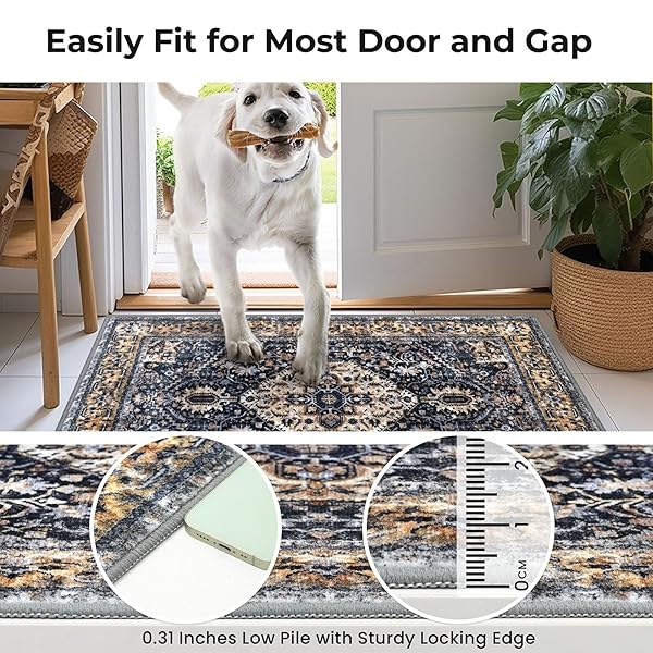 KOZYFLY BOHO AREA RUG 3X5 FT RUGS FOR ENTRYWAY WASHABLE ENTRY RUG NON SLIP DOOR MAT INDOOR ENTRANCE GOLD/ORANGE/NAVY PRINTED FAUX WOOL VINTAGE KITCHEN RUG THROW RUGS FOR ENTRANCE