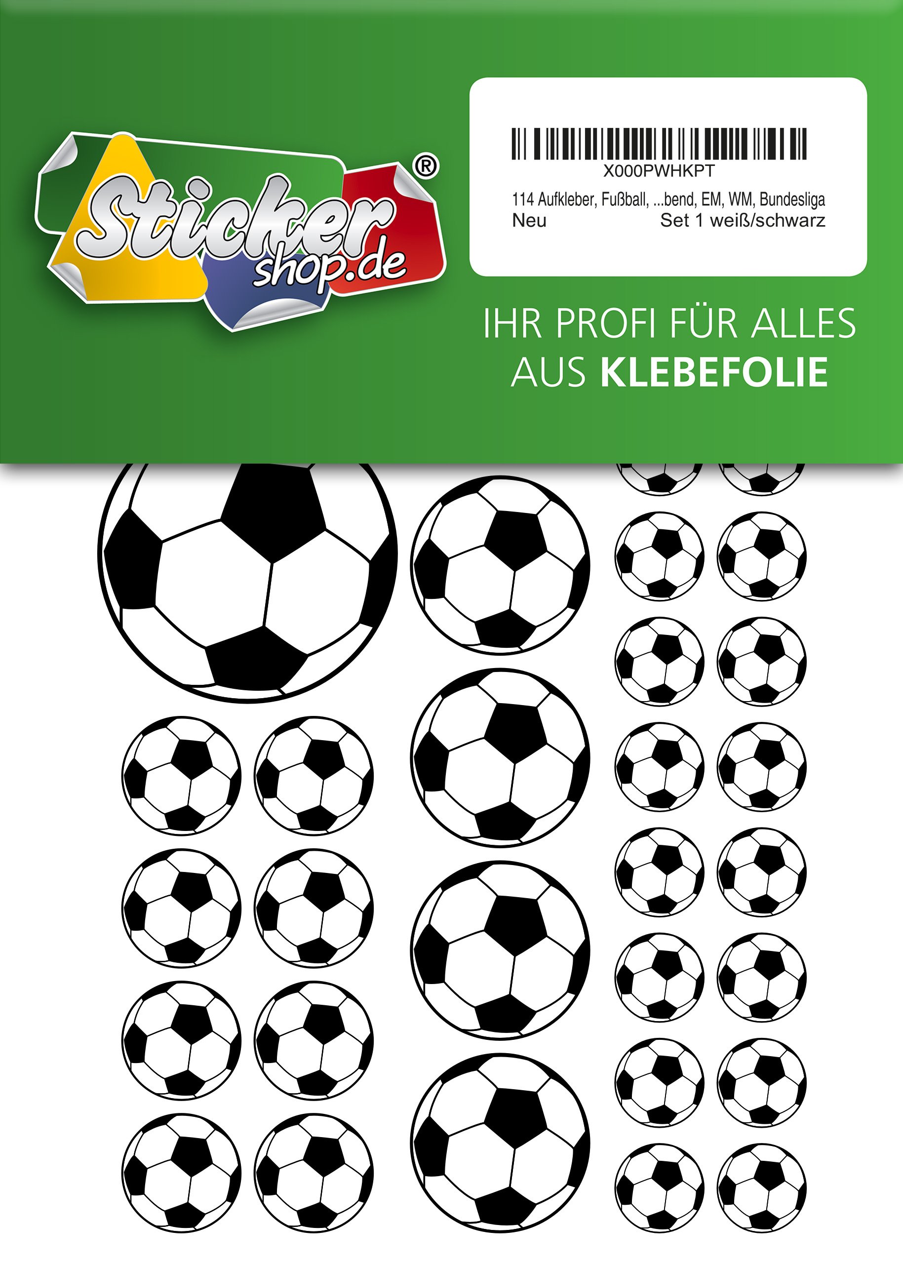114 Football Sticker 15 – 50 mm – White/Black, PVC, Wrap, Printed, Self Adhesive, EM WM Bundesliga