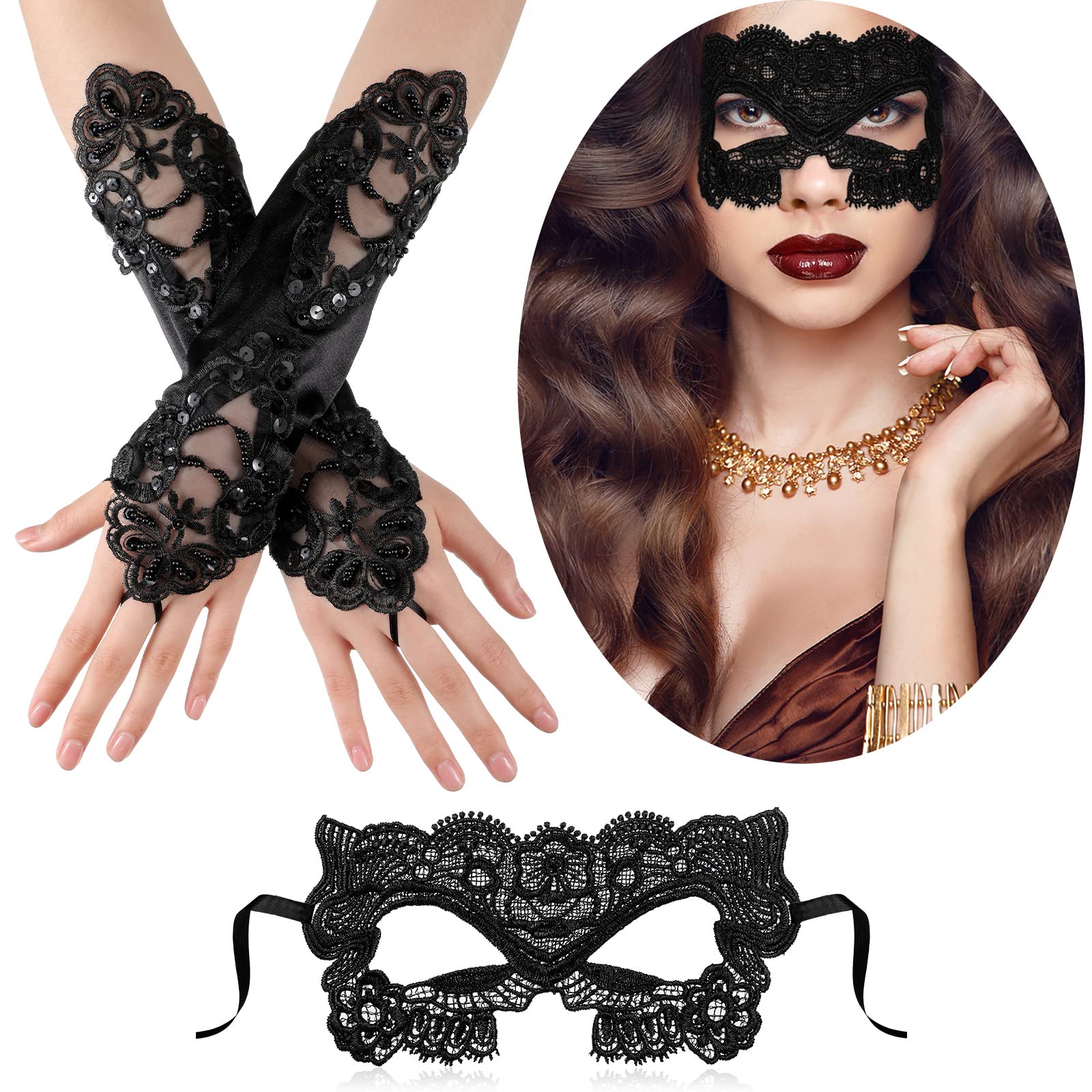 Jeere 2 Set Masquerade Mask and Long Finger Loop Gloves Halloween Venetian Lace Mask Set Carnival Dress Accessories Black Lace Mask Gloves for Women Party Costume