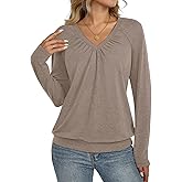 Eachyes Womens V Neck Long Sleeve Shirts Banded Bottom Pleated Tops Fall Dressy Casual Blouses 2025