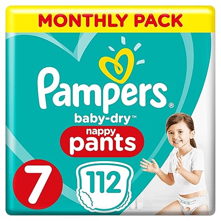 Pampers Baby-Dry Windelhöschen Größe 7 Monatliche Sparung, 112 Windelhöschen, 17 + kg, Monatspackung