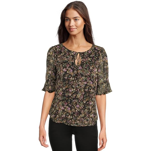 CeCe Women's Tie Front Blouse W/Smocking, Rich Black at Amazon