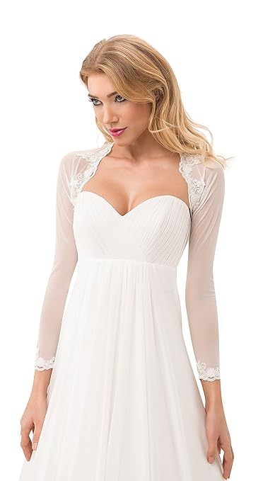 Bolero Bolerojackchen Hochzeit Jacke Tuch fur die Braut Elfenbein weib elastischer Tull beschmückt mit Spitze voll langer arm