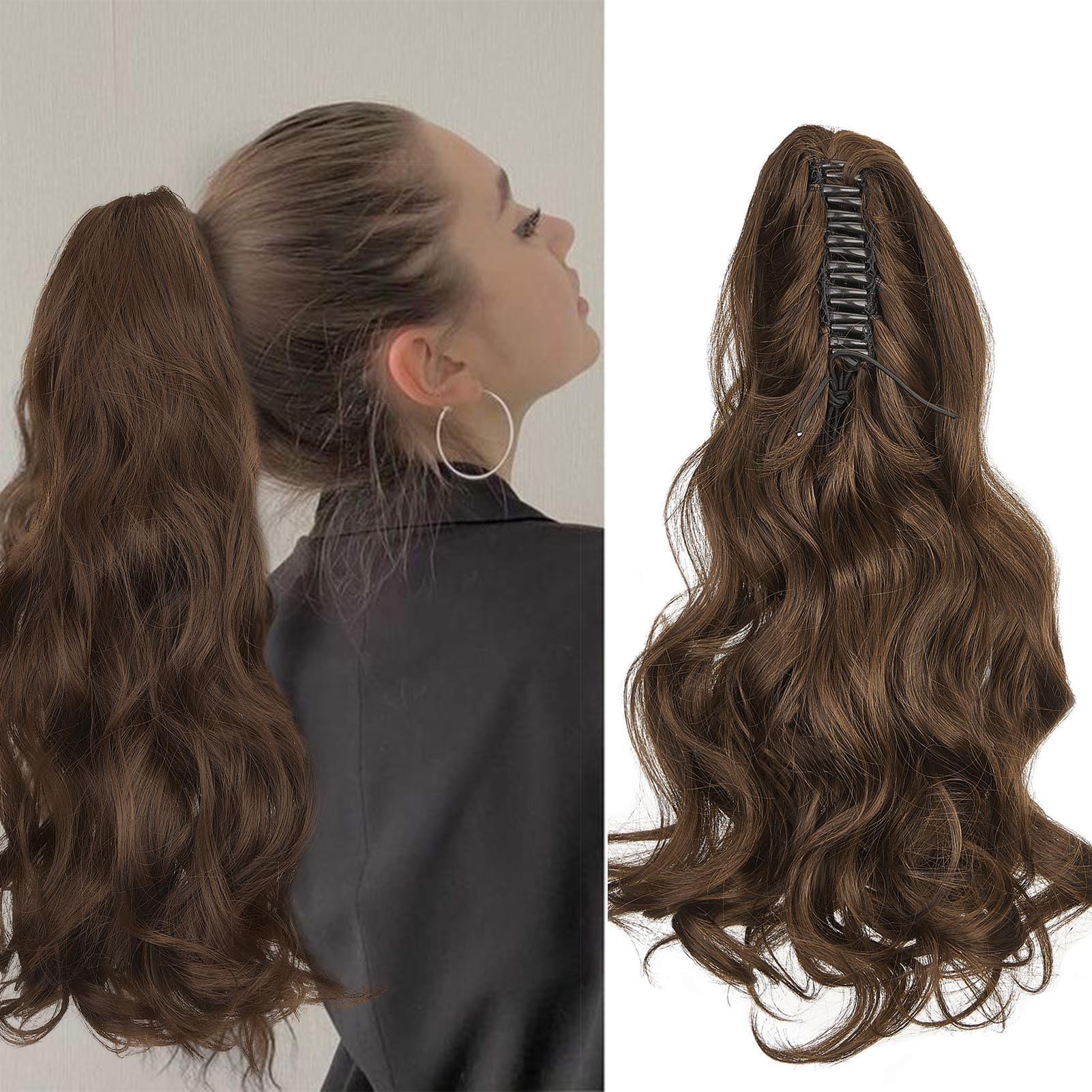 Cybelleza Ponytail Extension Curly Wavy Claw Jaw Pony Tail 18" One Piece Clip in Hair Extensions Ponytail Hairpiece Synthetic Long Natural for Women, Dark Brown & Light Auburn — image 1