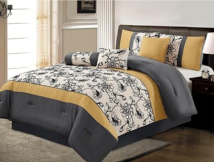 Amazon Com 7 Piece Luxury Yellow Black White Grey Floral