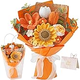 Cilimnas Crochet Flower Bouquet,Orange Knitted Flowers, Handmade Sunflowers Tulips Roses Bouquet for Valentine Day Birthday Anniversary Party Mother's Day Graduation Gifts(With Card)