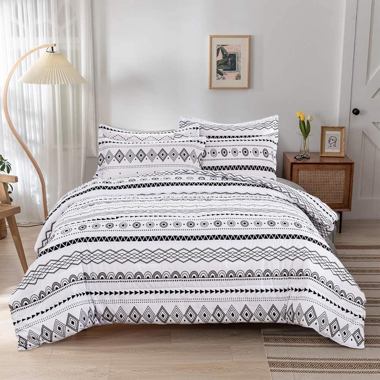 White Boho Comforter Set Queen Size (3pcs) Black Striated