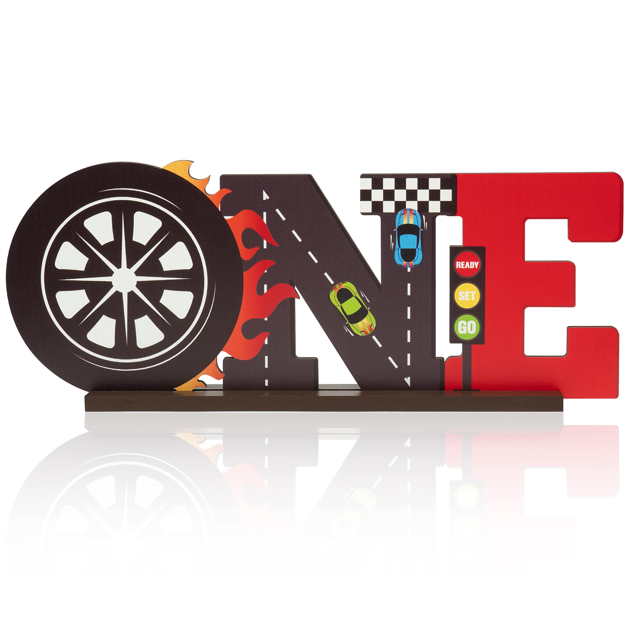Photo 1 of G1ngtar Race Car ONE Letter Sign Wooden Table Centerpiece Let’s Go Racing Checkered Theme 1st Birthday Party Decoration Supplies Milestone Cake Smash Baby Shower Photo Prop Table Decor for Baby Boys