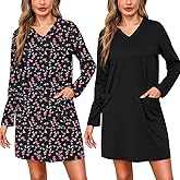 Marvmys Women Long Sleeve Nightgowns Comfy V Neck Nightshirts 2 Pack Sleep Shirts with Pockets Sleepwear S-3XL