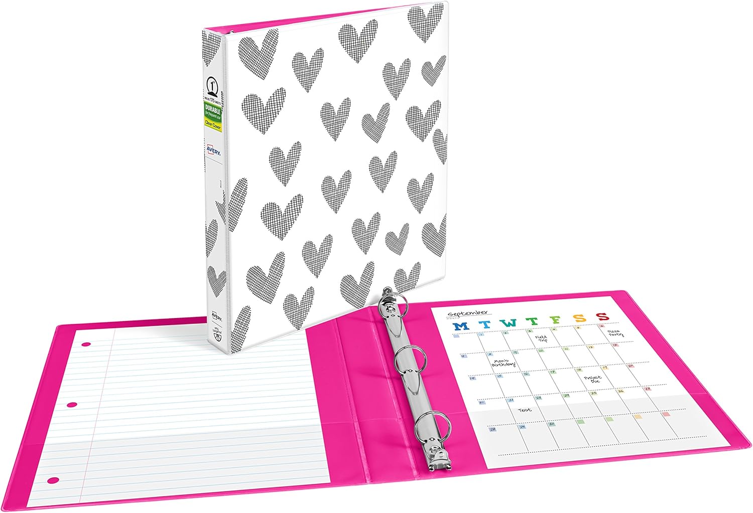 Avery + Amy Tangerine Designer Collection Binder, 1” Round Rings, 175-Sheet Capacity, Hatch mark Hearts (28320) : Office Products