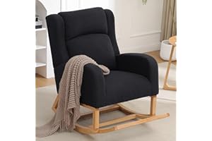 HCHAIRH Rocking Chair Nursery, Nursing Rocking Chairs for Mom Nursery, Comfy Wingback Glider Rocking Armchair with Foot Rest and Side Pocket for Nursery Living Room Bedroom, Teddy Black