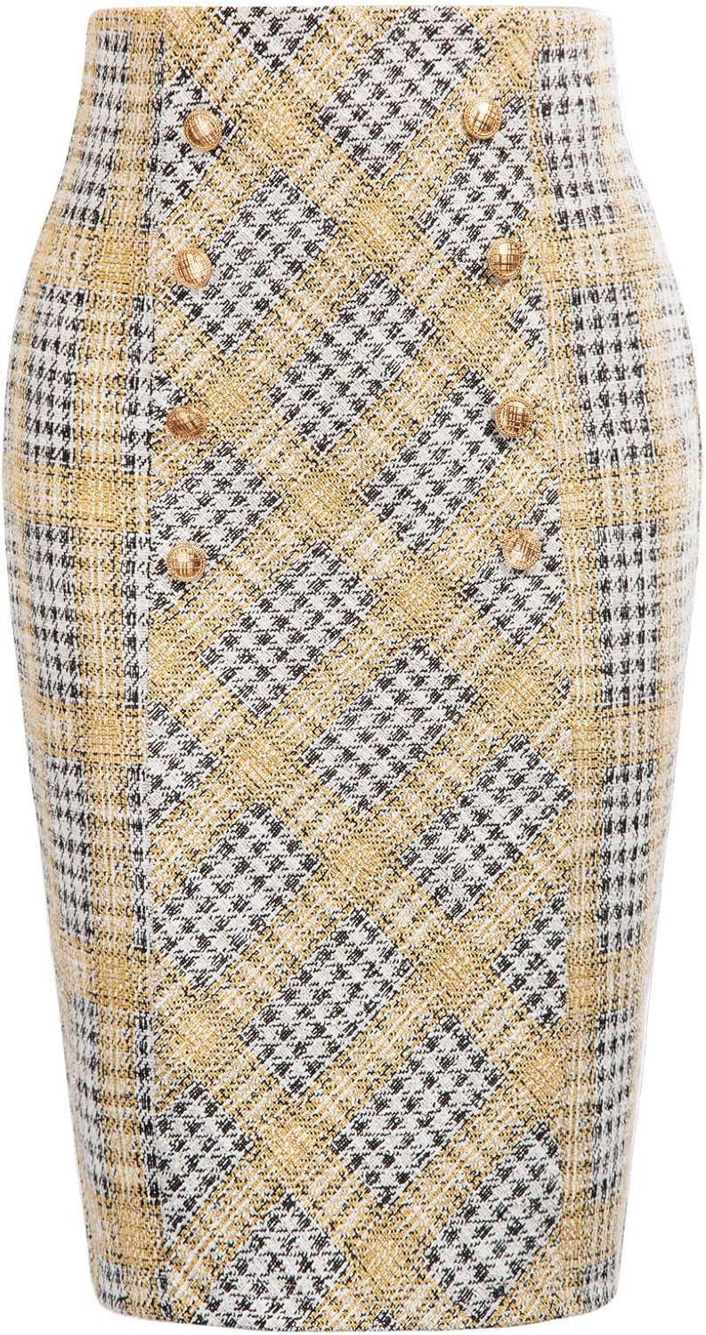 Belle Poque Women's Plaid Skirt Stretchy Tweed Skirt Knee Length Double