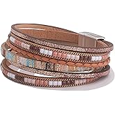 FANCY SHINY Boho Leather Wrap Bracelets Trendy Layered Bracelets with Magnetic Clasp Strackable Bohemian Jewelry Cowboy Cowgirl Chic Gifts for Women