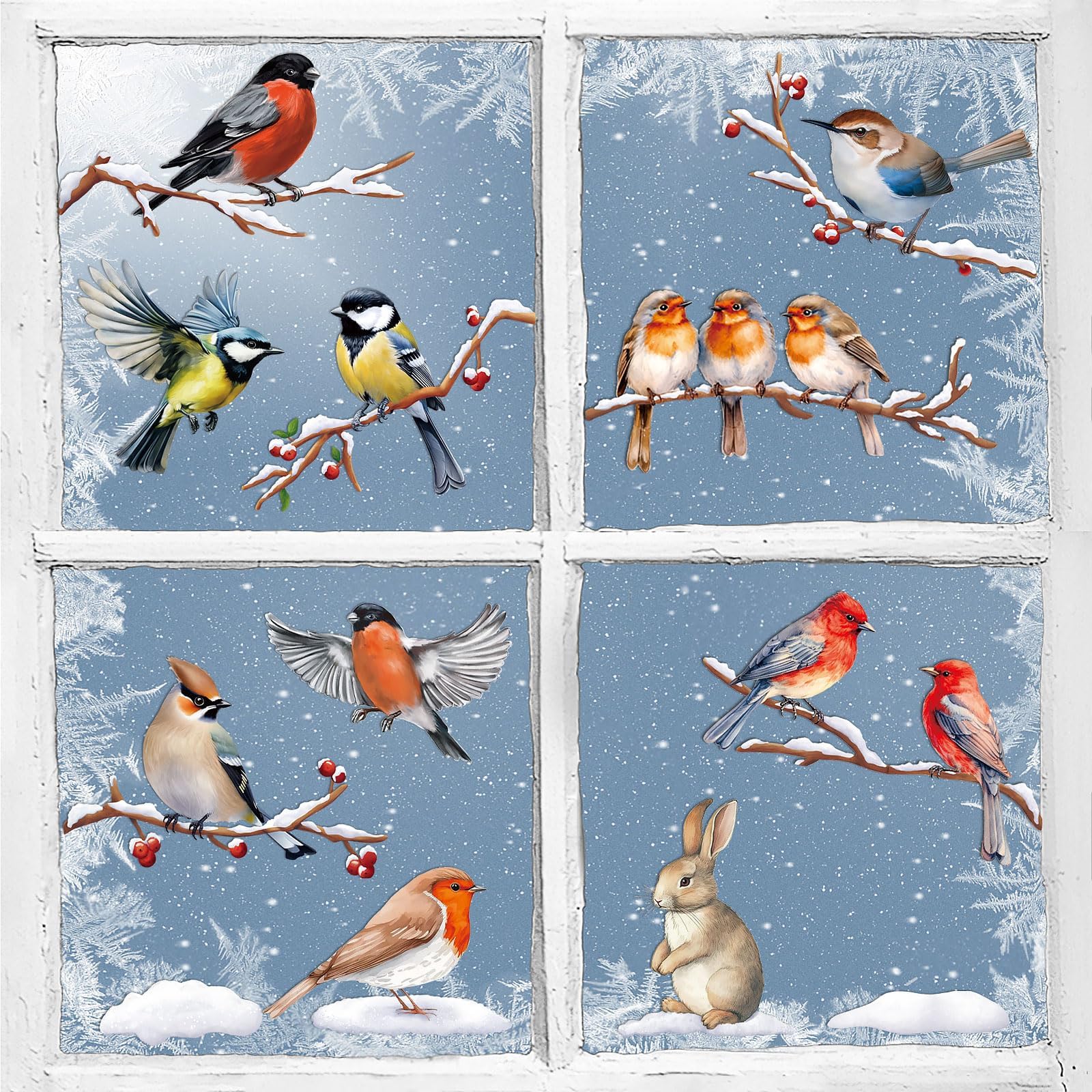 9sheets Robin Christmas Window Stickers Winter Scene Birds in Snowy Branch Robin Window Clings Decals for Glass Windows Double-Sided Reusable (Snow and Bird)