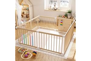 IKALIFE Large Wooden Baby Playpen (8/10 Panel) Shape & Size Adjustable Playpen for Babies and Toddlers, Baby Fence Baby Play Yard with Door, Baby Gate Play Pen for Kids Activity Center 63”×63”