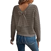 ZAFUL Women's Crew Neck Bowknot Decor Cable Knit Drop Shoulder Long Sleeve Casual Pullover Sweater