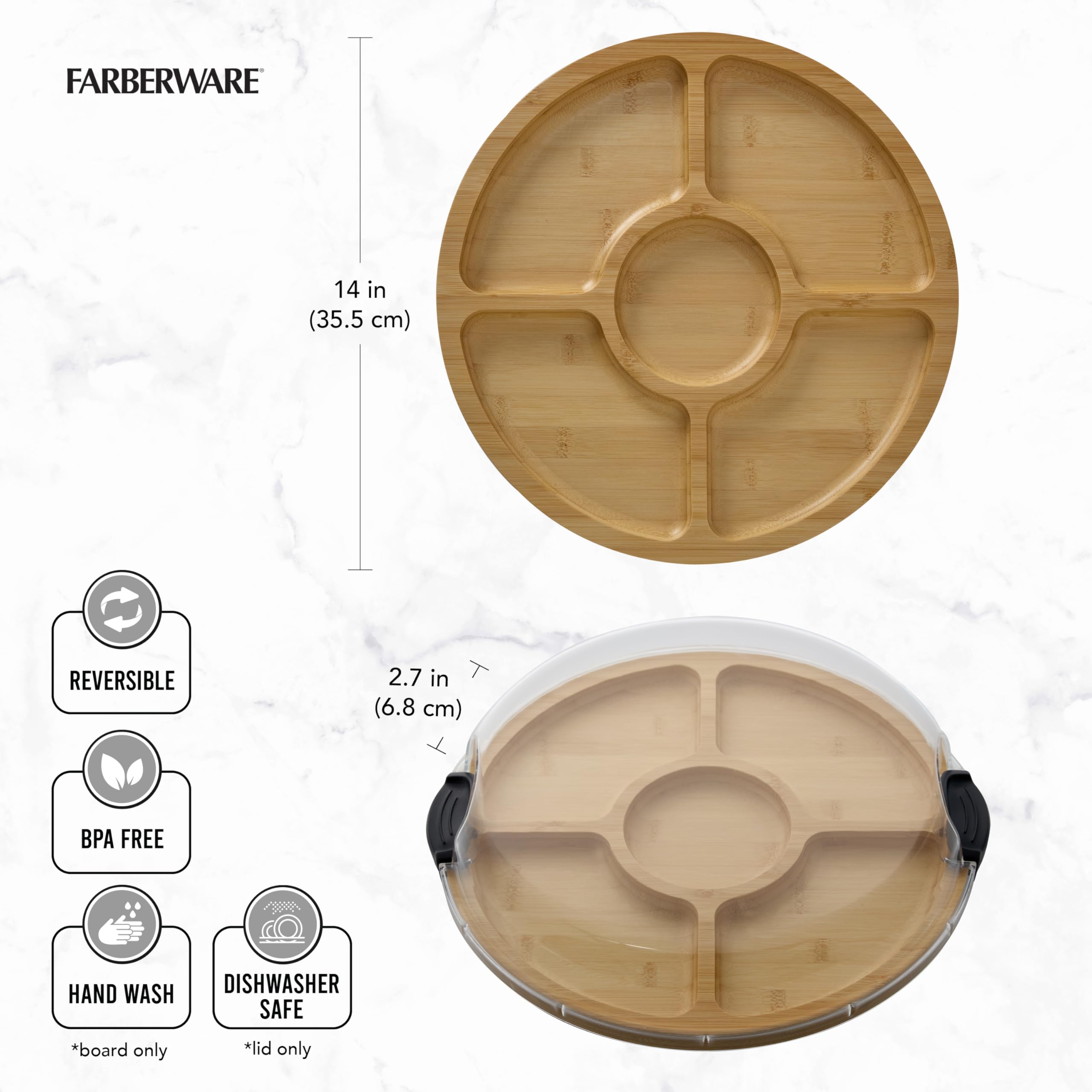 FARBERWARE Build-a-Board Cutting Board with Five Compartments and Clear Locking Lid for Charcuterie, Snacks, and More, Bamboo