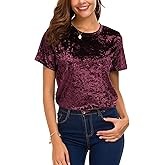 Women's Crew Neck Velvet Top Short Sleeve T-Shirt