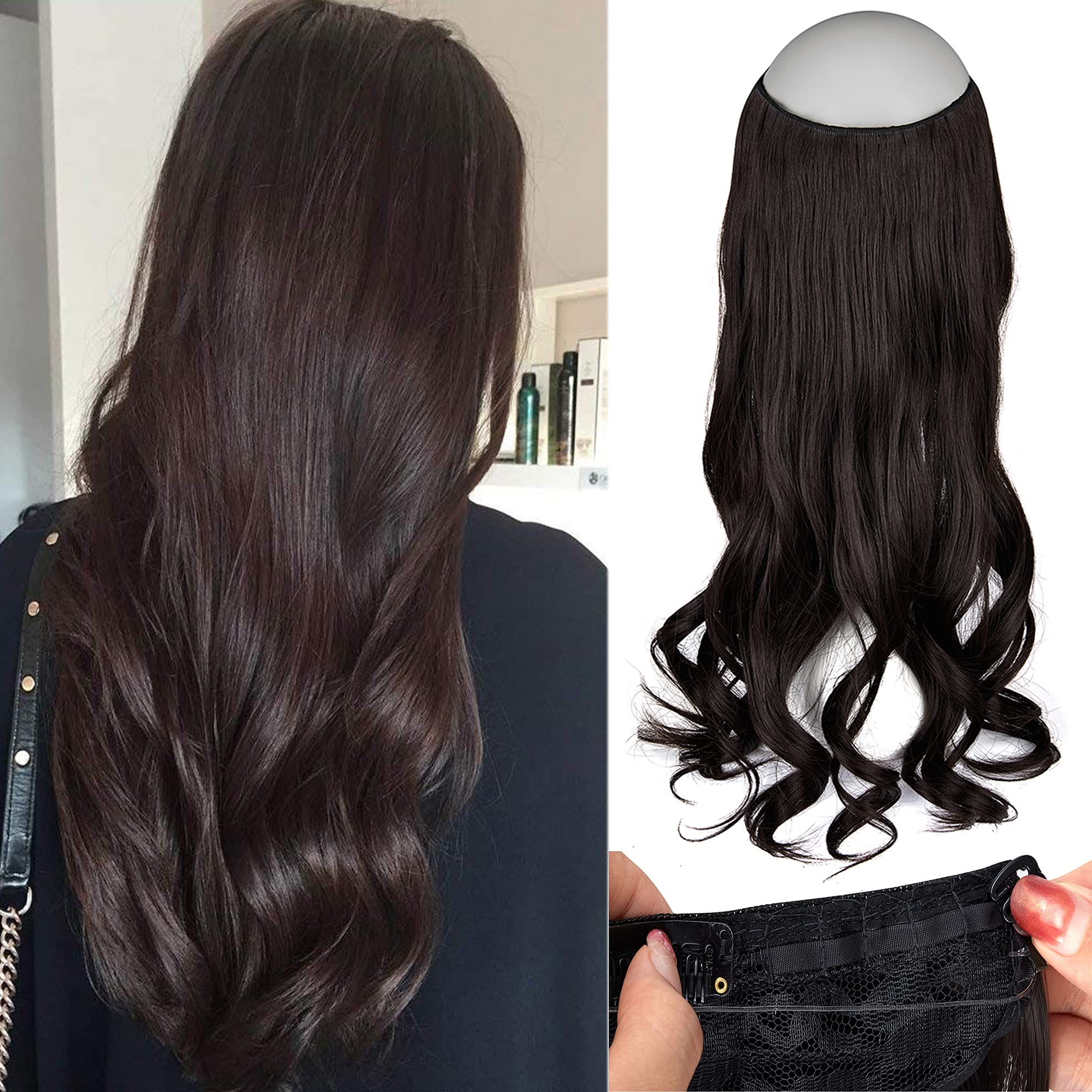 CULKET Hair Extension, Clip in Hair Extensions Adjustable Headband Invisible Wire Curly Hair Extensions Clip in For Women Synthetic Heat Resistant Fiber 18" 4A(Dark Brown)