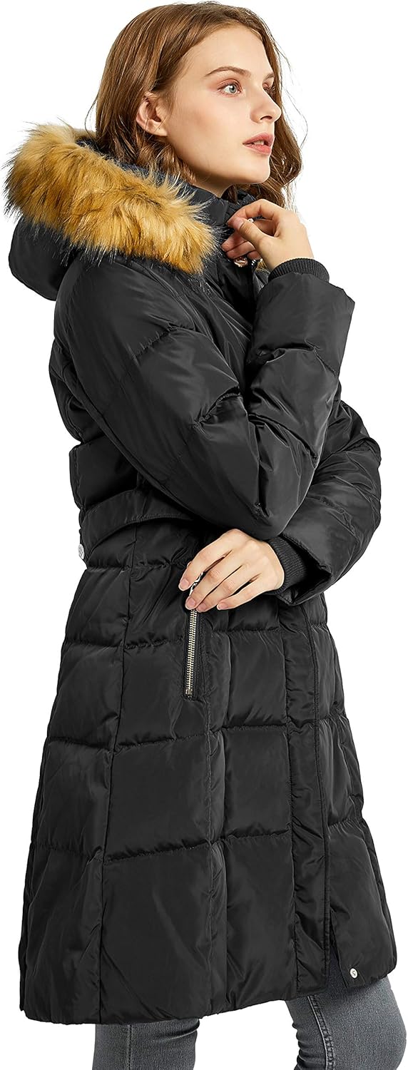 Orolay Quilted Down Jacket Women Winter Long Coat Puffer Jacket with Fur Hood: Clothing