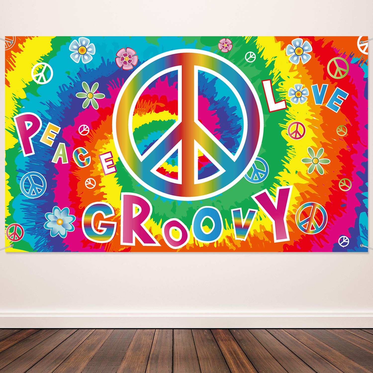 Photo 1 of 60's Hippie Party Decoration Groovy Banner Hippie Theme Party Photography Backdrop 60's Scene Setters Carnival Large Groovy Wall Decoration Kit Peace and Love for Party Supplies 72.8 x 43.3 Inch