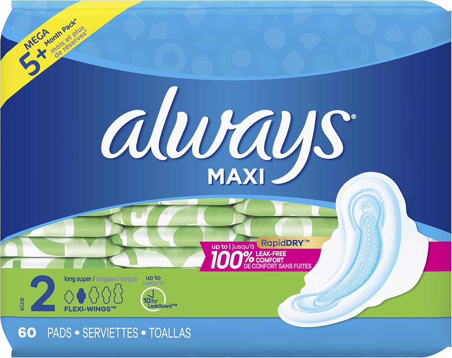 ALWAYS Maxi Size 2 Super Pads With Wings Unscented, 60 Count: Health & Personal Care