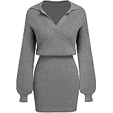 CIDER Womens Ribbed Knit Sweater Dress Long Sleeve V Neck Mini Cozy Dress Collared 2025 Fall Dresses