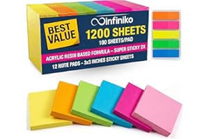 Infiniko Sticky Notes 3x3 (12 Pads/1200 Sheets) – 2026 Improved Adhesive, Super Sticky & Bright Neon Colors – 1200 Sheets – I