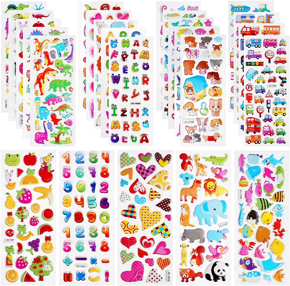 JCF 3D Puffy Self Adhesive Stickers for Kids 24 Sheets Stickers Including Animals Dinosaurs Cars Hearts Fruits Numbers for DIY Crafts Scrapbooking and Rewarding