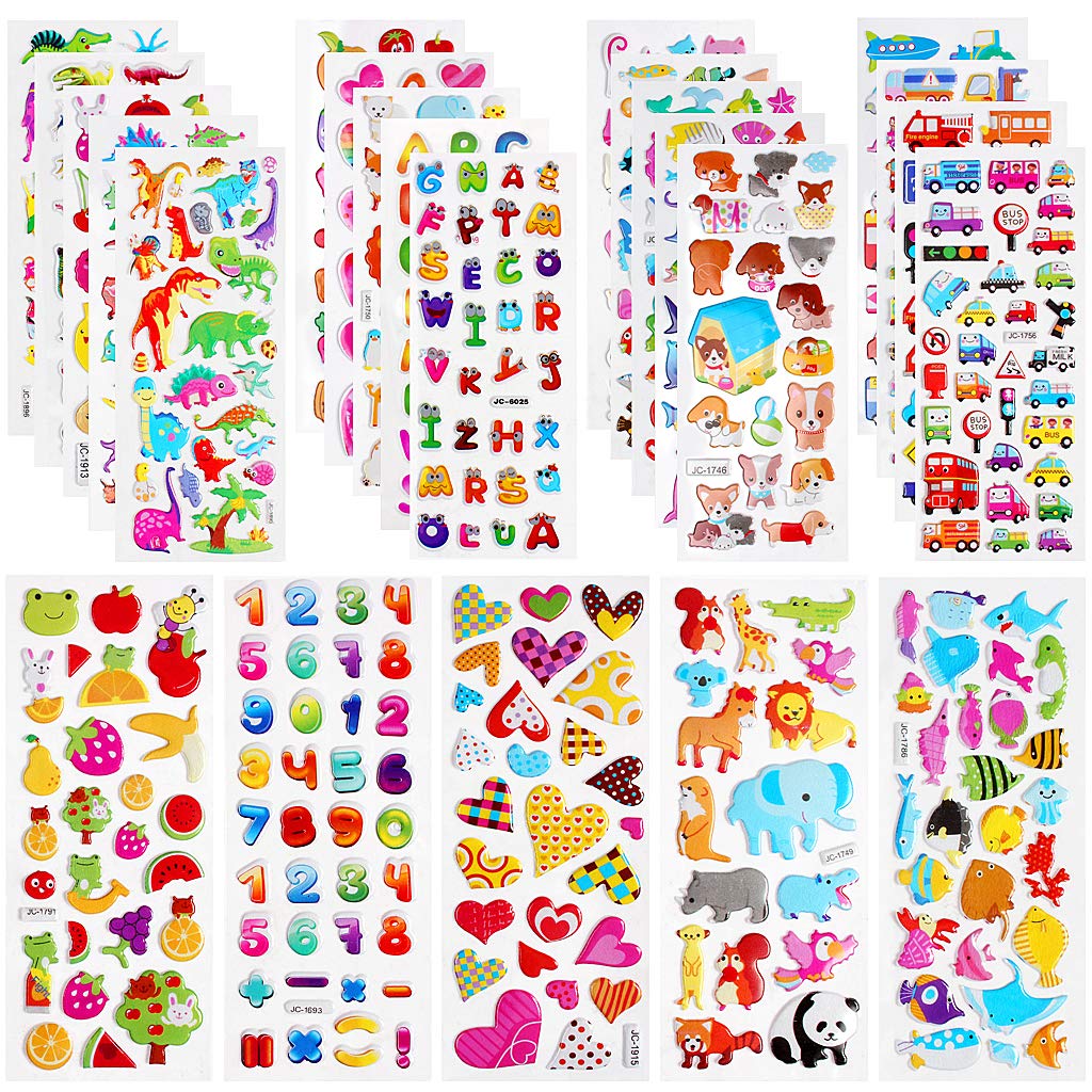 JCF 3D Puffy Self Adhesive Stickers for Kids 24 Sheets Stickers Including Animals Dinosaurs Cars Hearts Fruits Numbers for DIY Crafts Scrapbooking and Rewarding