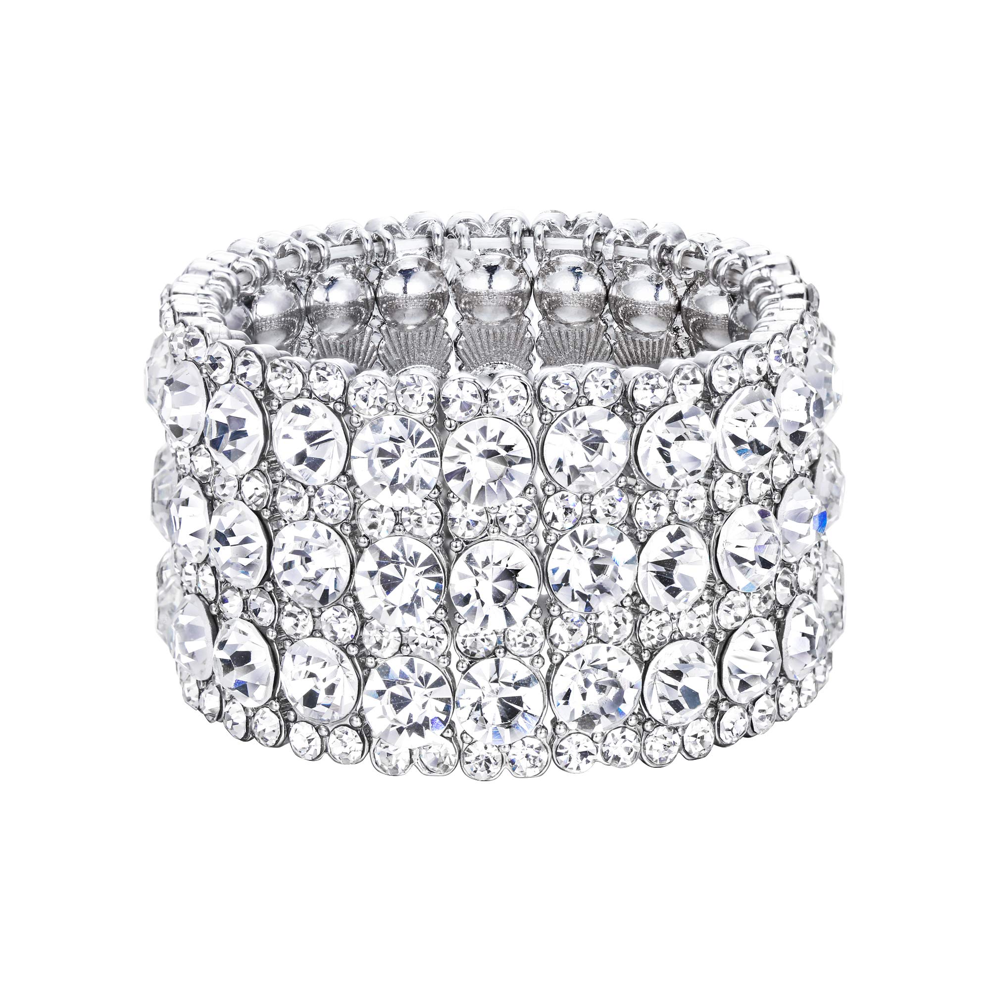 Ever Faith Austrian Crystal Bridal Elegant 3 Rows Stretch Bracelet Clear Silver-Tone For Women Girls