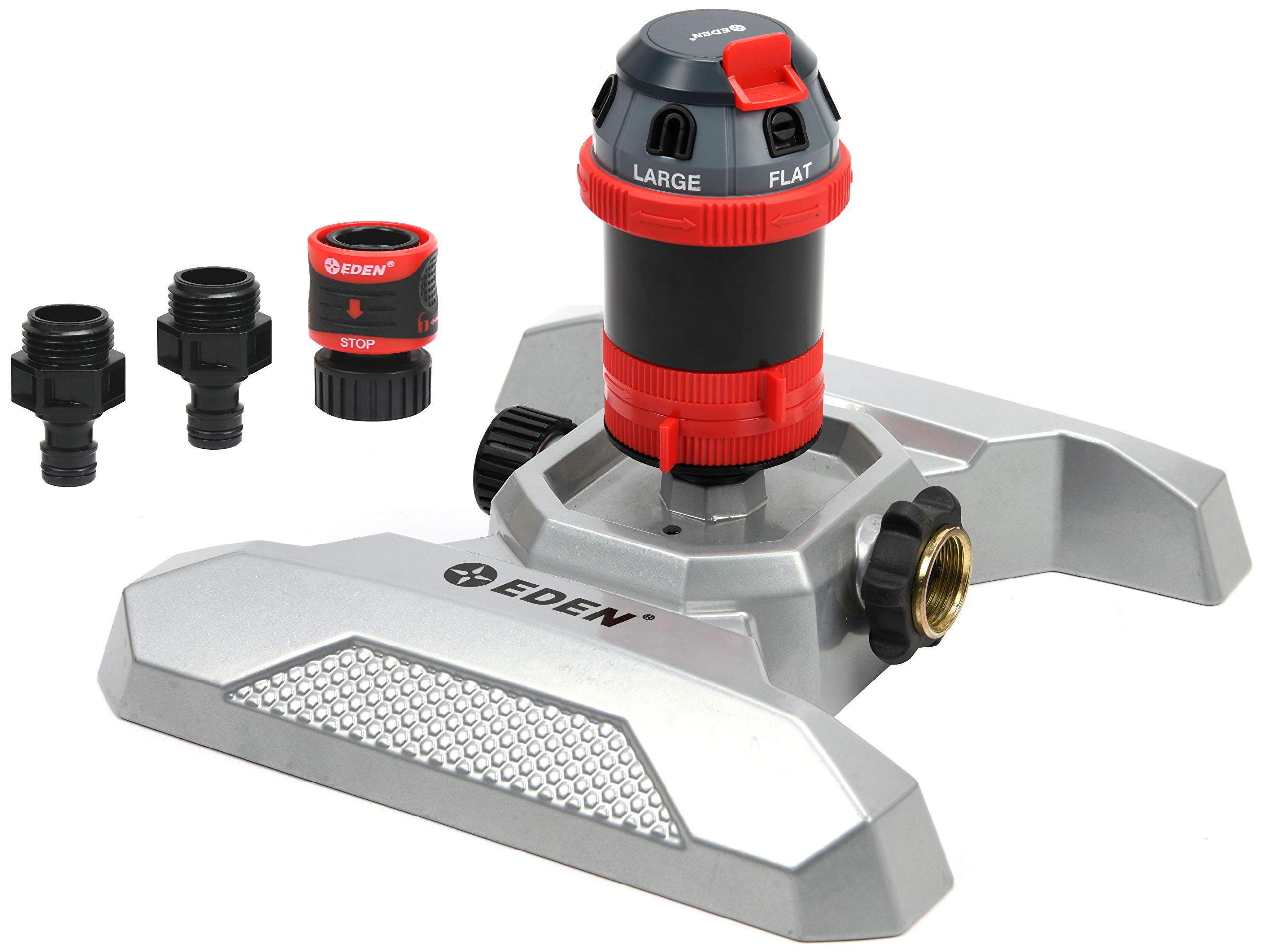 Eden 94122 Metal Adjustable 6-Pattern Mobile Rotary Gear Drive Garden Sprinkler for Yard W/Quick Connect Starter Set, Waters up to 80 ft. in Diameter