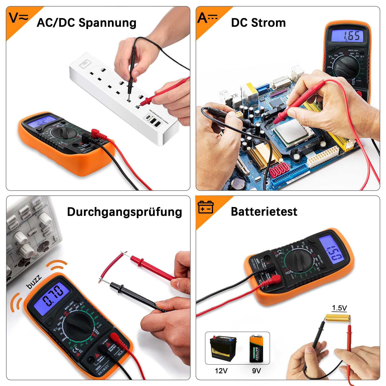 Digital Multimeter Voltmeter Batterietester Spannungsprüfer Durchgangsprüfer Ohm Volt Ampere Messgerät AC/DC Spannung Strom Widerstand Diode Transistor, Großes LCD Anzeige und Hintergrundlicht 3