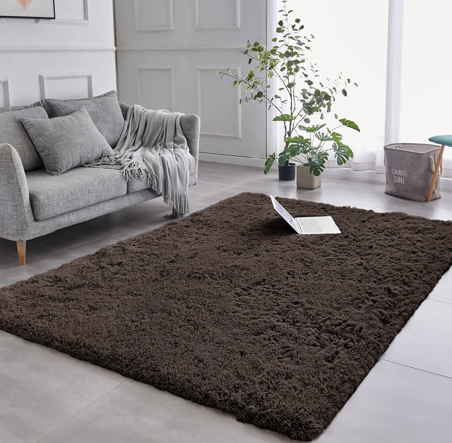 AMEHA Brown Shaggy Rug 80x150 cm Fluffy Soft Non Slip Living Room Bedroom Area Carpet Non-Shedding