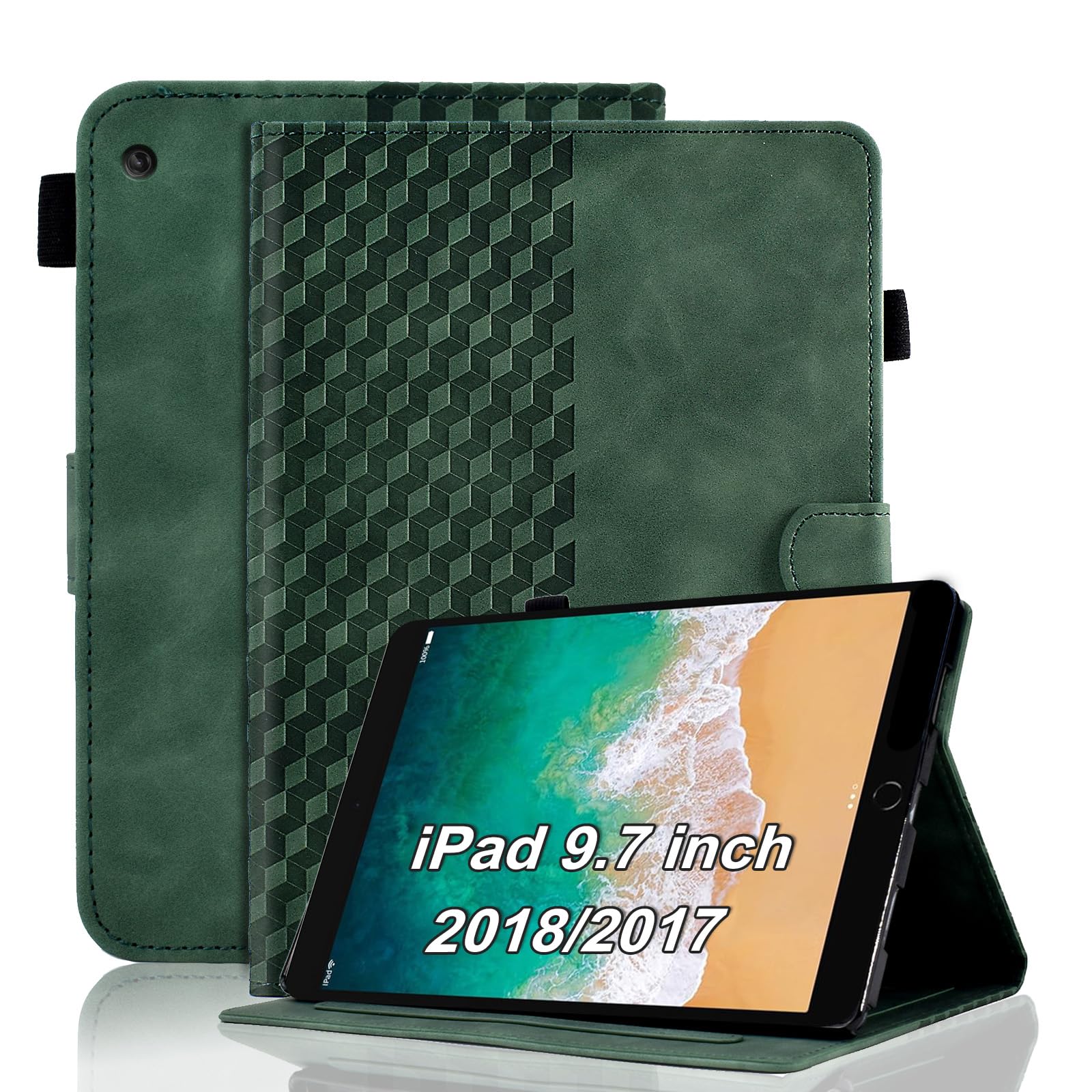 Vkooer Case for iPad 6th/5th Generation 9.7 inch - iPad 2018/2017, ipad Air 2/Air 1 Leather Folio Cover Smart Shell with Auto Sleep/Wake Multi Angle Viewing Stand, Dark green — image 1
