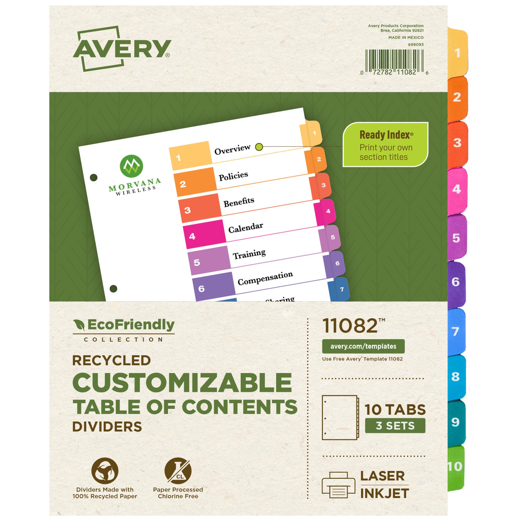 Avery EcoFriendly Recycled Dividers for 3 Ring Binders, 10-Tab, Multicolor Tabs, Ready Index Customizable Table of Contents, 3 Sets for 30 Binder Dividers Total (11082)