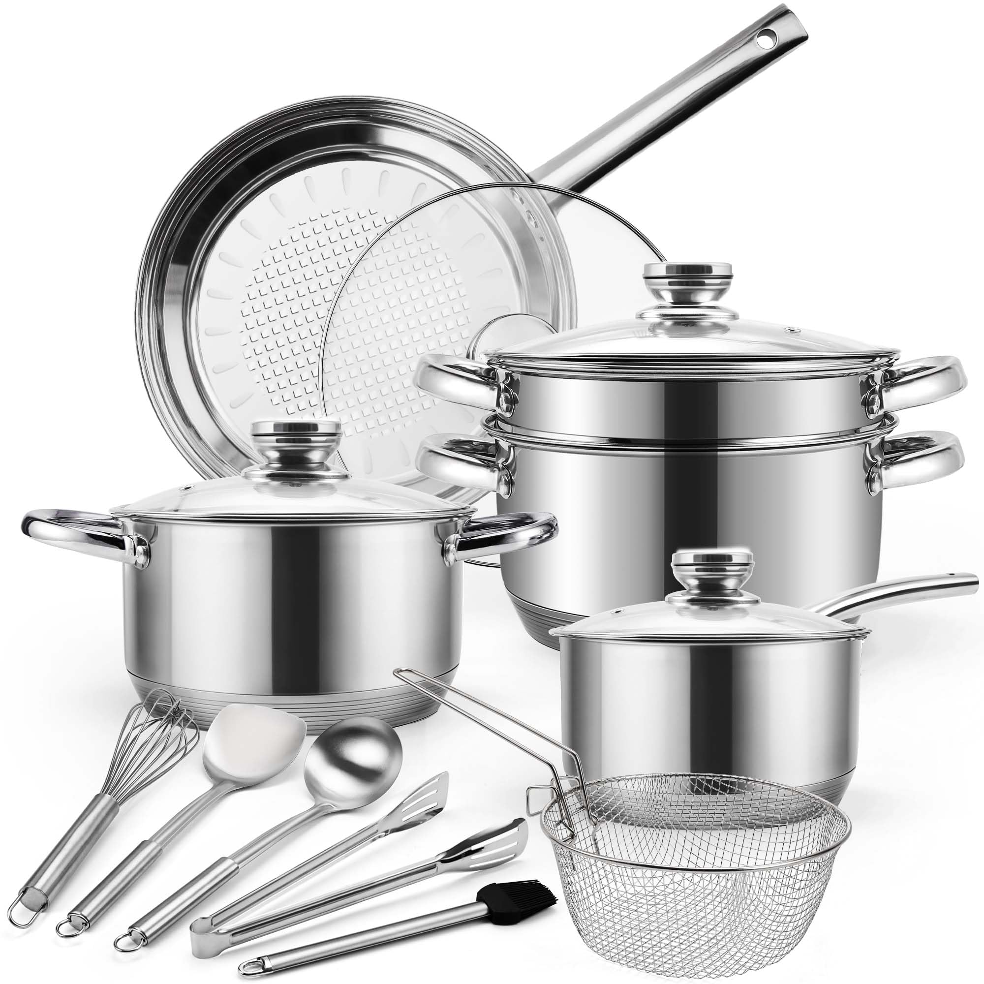 Photo 1 of ASKSCICI 15-Piece Stainless Steel Cookware Set, Non-Toxic Pots and Pans Set with Glass Lids, Kitchen Induction Cookware with Steamer, Utensils Set & Fry Basket, Dishwasher & Oven Safe, Silver