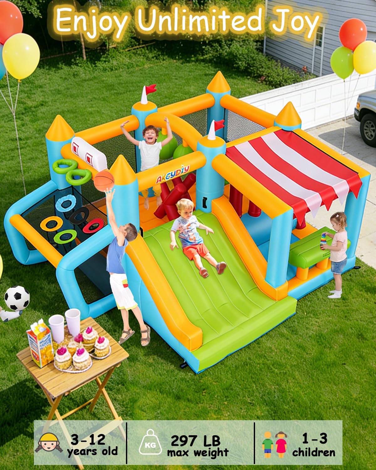 Bounce House for Kids 3-6 8-12, 12-in-1 Inflatable Obstacle Course Bouncy House with Wide Slide/Canopy Ball Pit/2 Boxing Ball/2 X-Obstacles/Soccer Goal, Outdoor Blow Up Jump House w/UL Blower